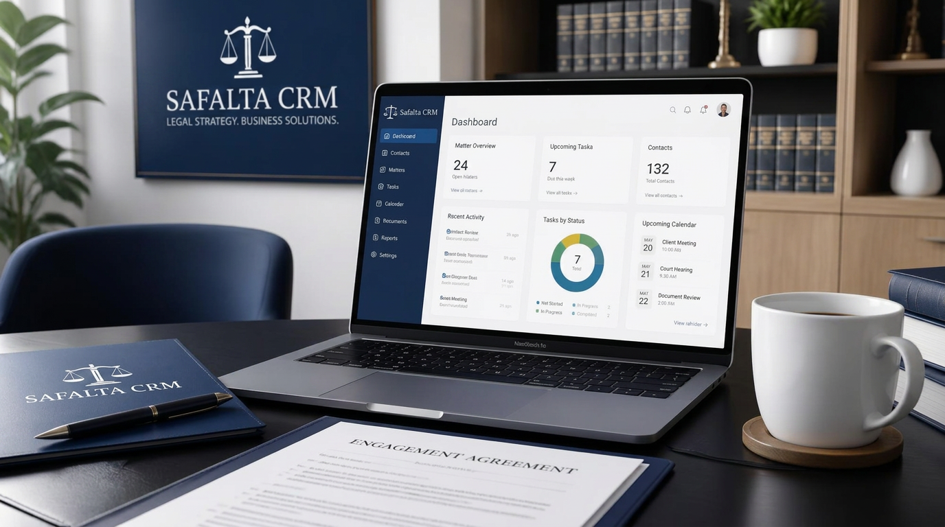 Modern legal CRM workspace with laptop dashboard and client documents